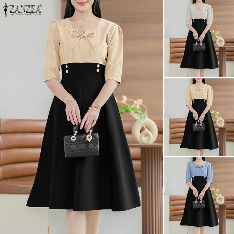 ZANZEA%20Korean%20Style%20Women%20Trendy%20Square%20Neck%20Midi%20Dresses%20Short%20Sleeve%20Bowknot%20Stripe%20Patchwork%20Dress%20#1229%20-%20Image%204