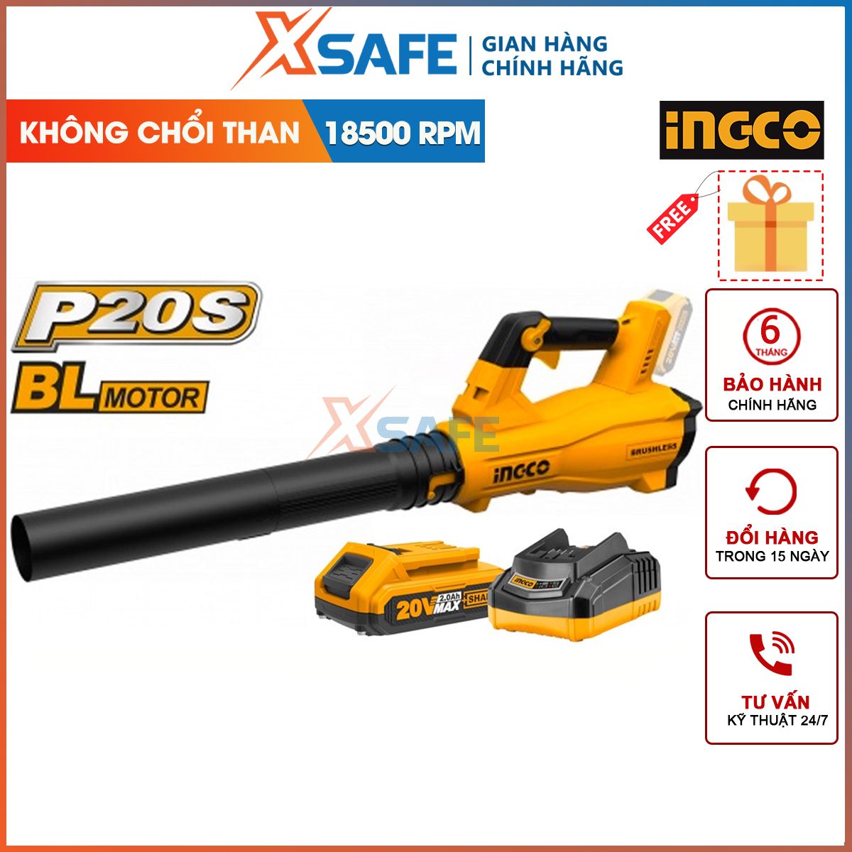 Dust blowing machine is 20V ingco catb20428 battery brushless motor idle speed 18500rpm max air speed 42 m/s