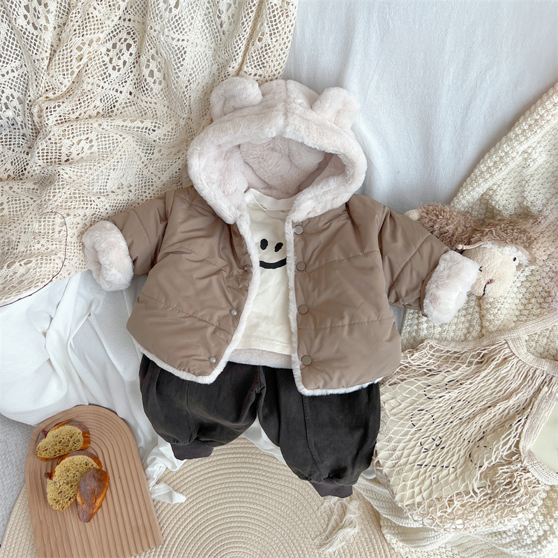 LS Children's jacket warm plus fleece down padded jacket thickened bunny fur cotton coat