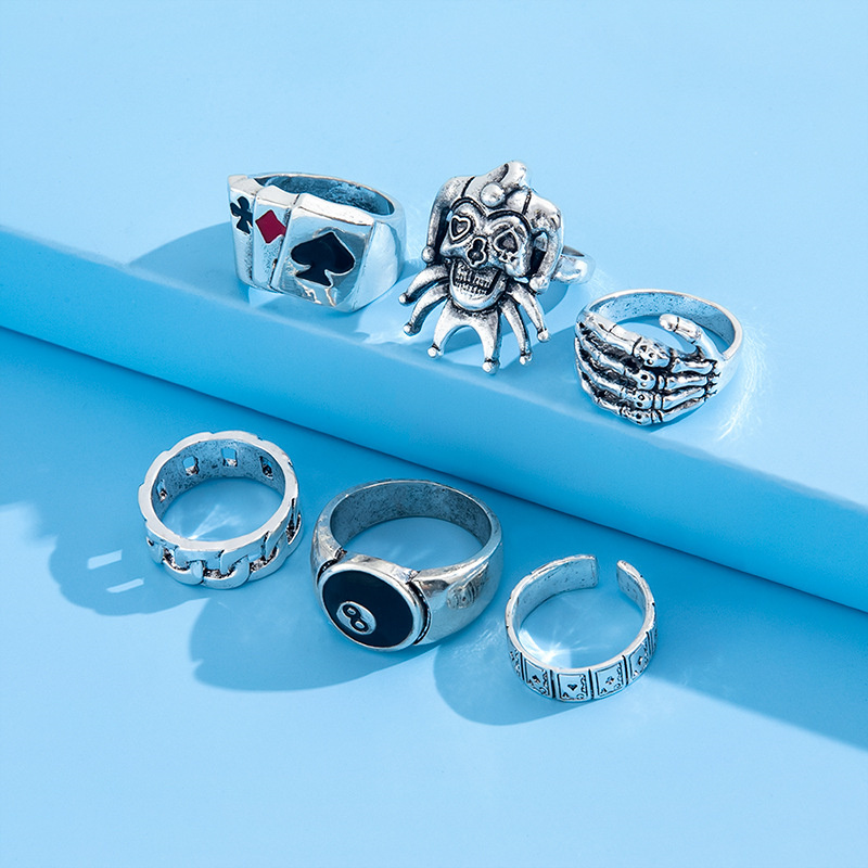 Metal Finger Rings Men's 6 Piece Set Skull Ghost Claw Poker Clown ...