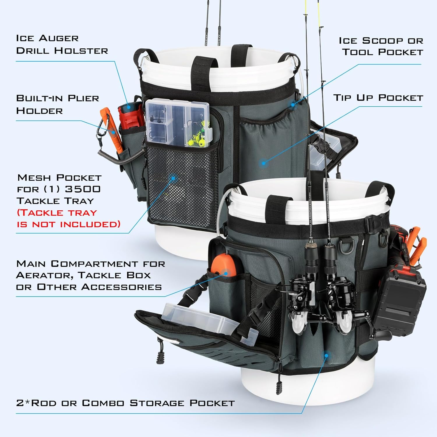 KastKing Karryall Fishing Bucket Organizer for 5 Gallon Bucket, Ice Fishing  Tackle Bag with Adjustable Buckle, Rod & Plier Holder and Multi-Pockets