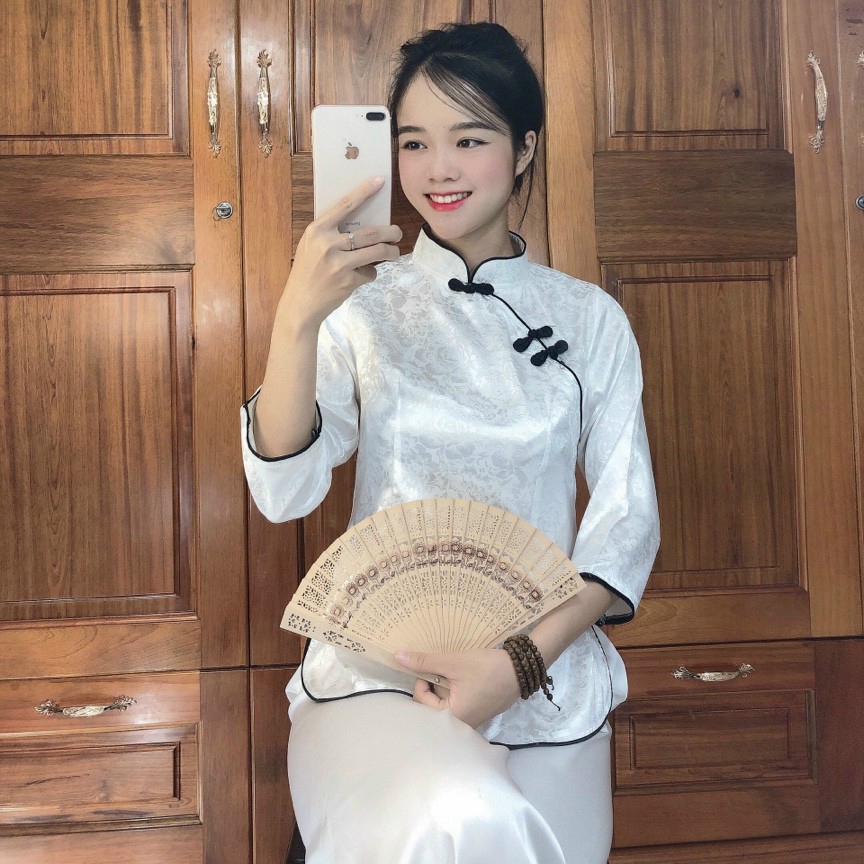 Bộ quần áo nữ Phật tử, đồ lam đi chùɑ mẫu nữ vải gấm mã KA28
