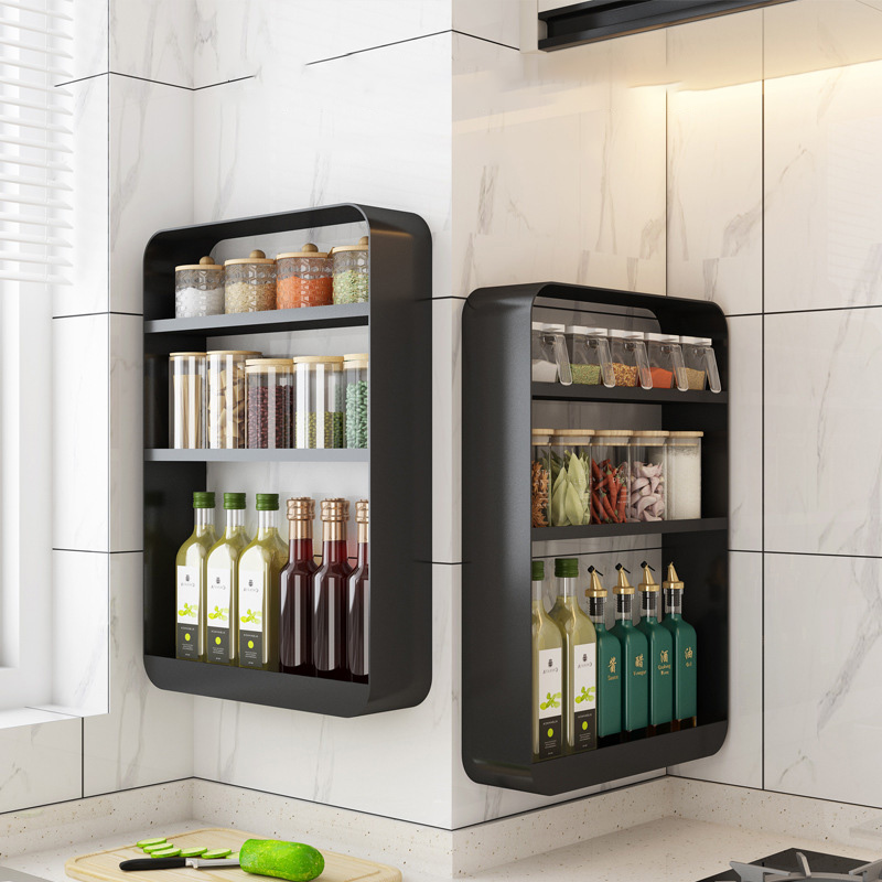 Kitchen shelves, spice racks, wall-mounted, non-perforated, wall-mounted multi-layer household storage shelves, condiment storage hangers