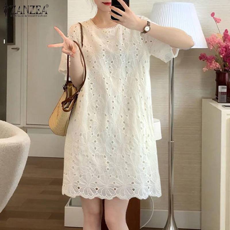 ZANZEA Korean Style Womens Elegant Crew Neck Hollow Embroider Dresses  Holiday Casual Mini A-Line Dress | Daraz.lk