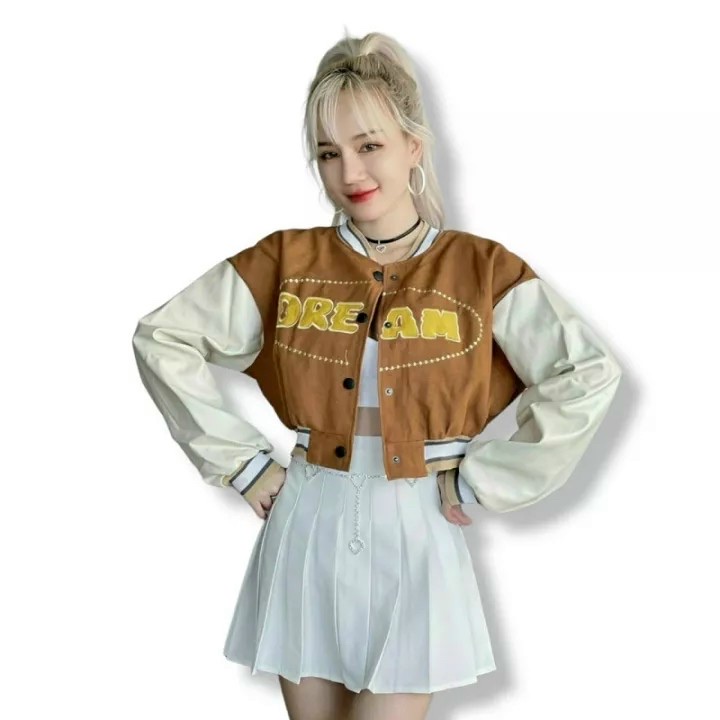 Áo Khoác Bomber Nữ Thêu Chữ Nỗi ĐREAM , Vải Da Lộn Lót Dù Kiểu Croptop Phong Cách Ulzzang  Hót Trend Mới. TP