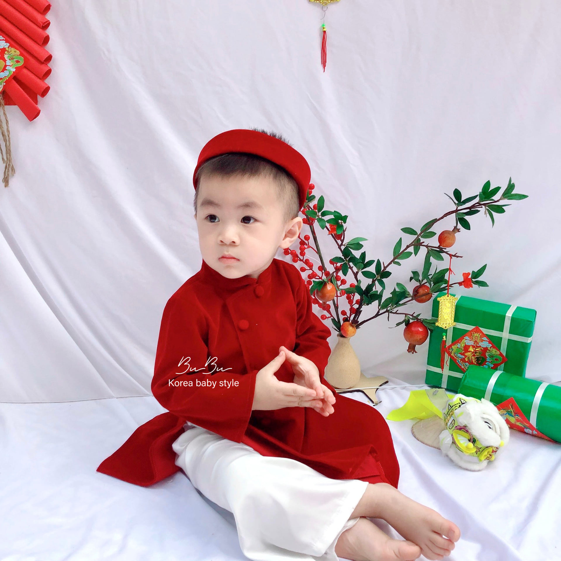 Áo Dài Nhung Thiết Kế Cho Bé Trai (Kèm Quần Lụa Và Mấn)