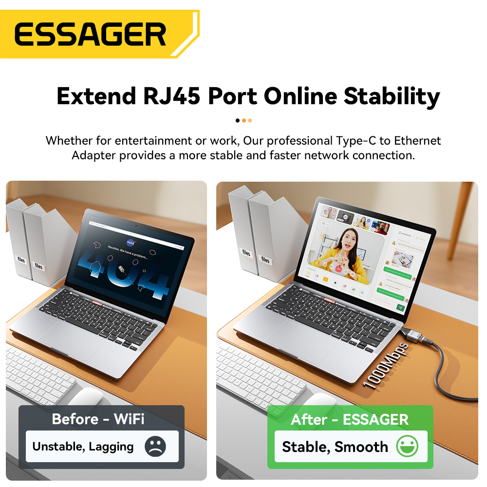 Essager Type-C to Ethernet Adapter 100/1000Mbps Gigabit High-Speed RJ45 To Type-c Adapter For MacBook Laptop Wired Network Card. 