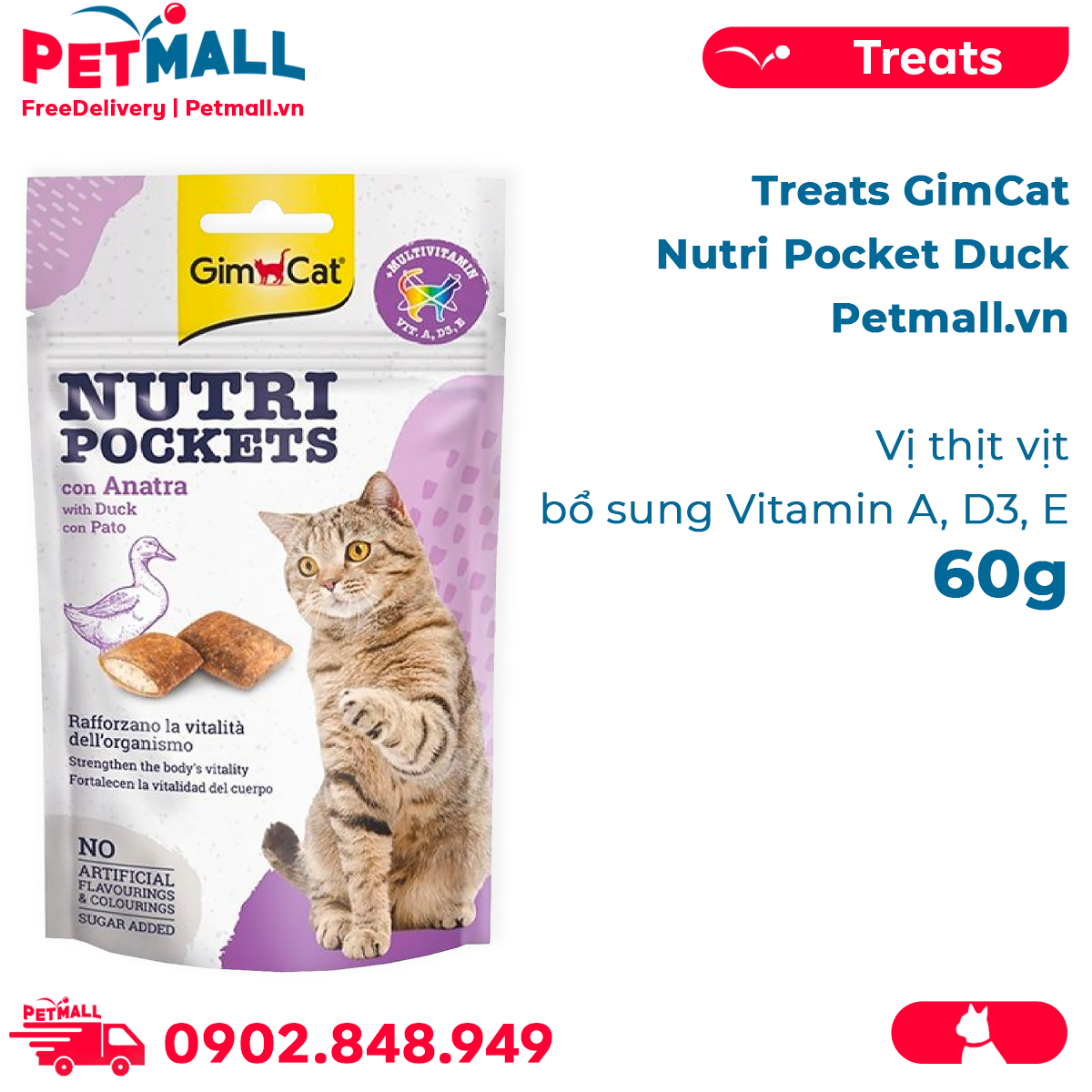 Bánh thưởng GimCat Nutri Pocket Duck 60g - Vịt thịt vịt, bổ sung Vitamin A,D3,E Petmall thumbnail