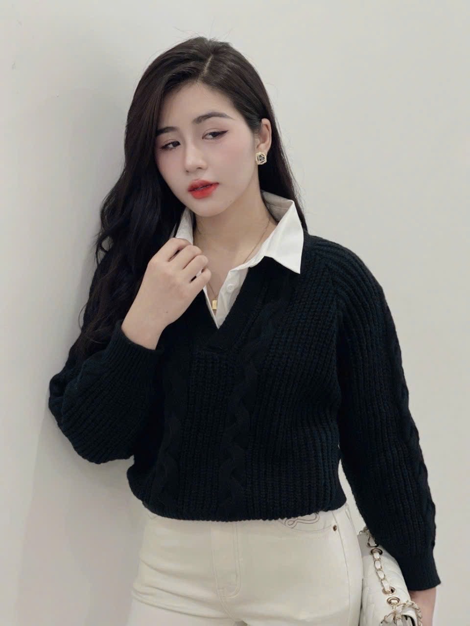 Áo len nữ tay dài phối cổ sơ mi, len dày đẹp