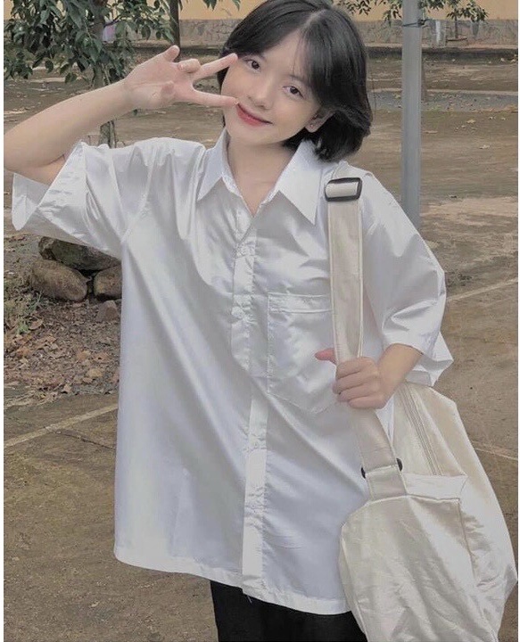 Áo sơ mi nữ, áo trắng học sinh đi học, áo sơ mi tay lỡ Fom rộng