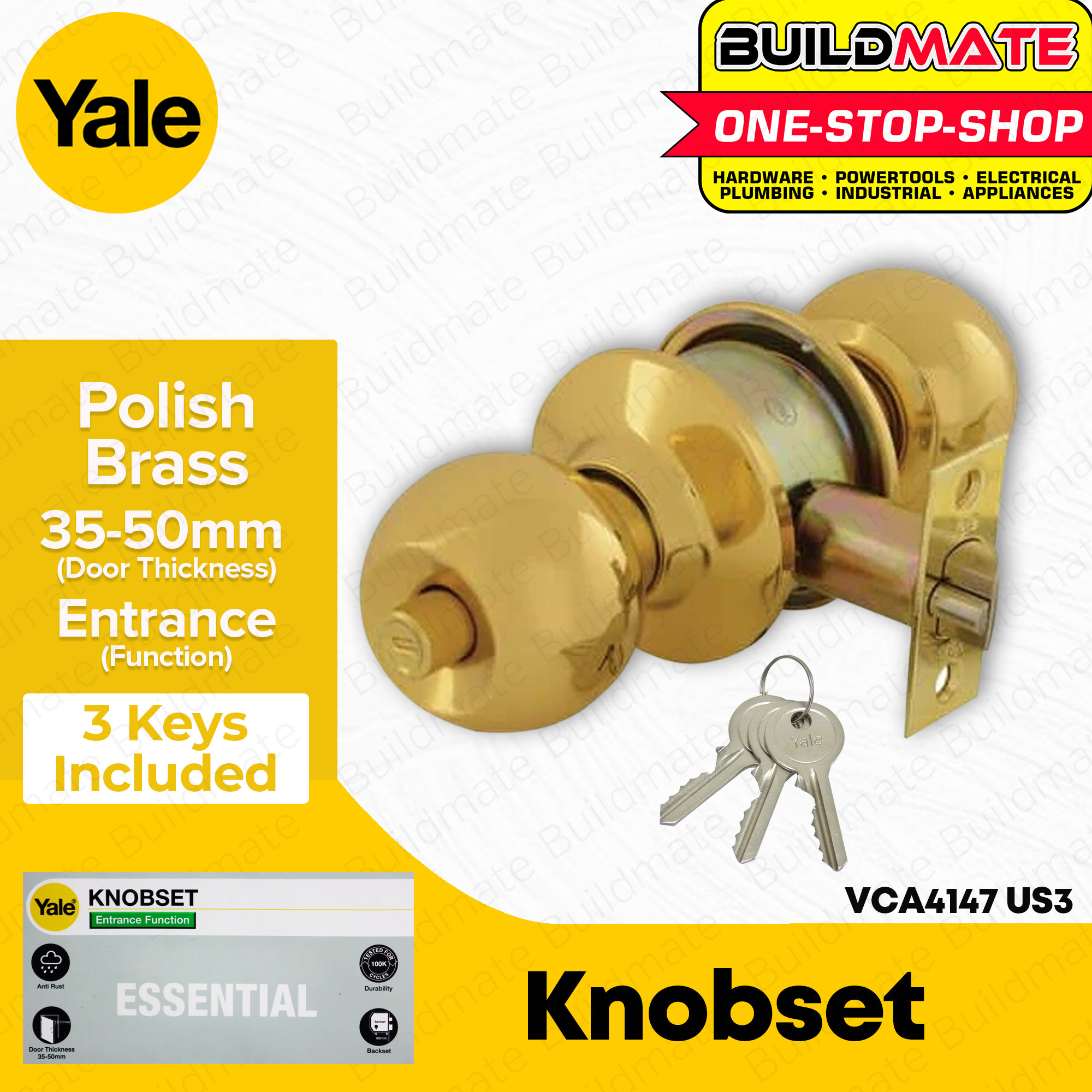 YALE Essential Series Entrance Function Knobset Door Lock Knob Brass