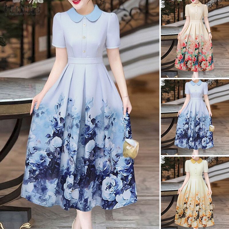 ZANZEA%20Korean%20Style%20Women%20Elegant%20Party%20Short%20Sleeve%20Midi%20Dresses%20Doll%20Neck%20Floral%20Print%20A-Line%20Dress%20#1229%20-%20Image%204