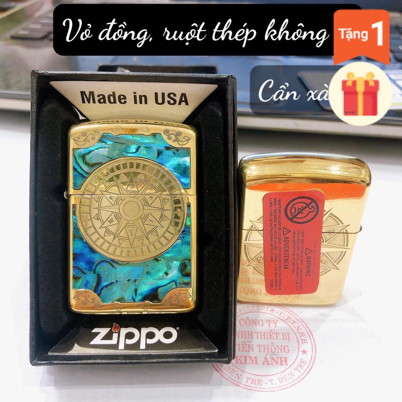 Bật lửa Zippo Brass, Armor vỏ dầy khắc chìm cẩn xà cừ mẫu la bàn, vỏ đồng ruột thép