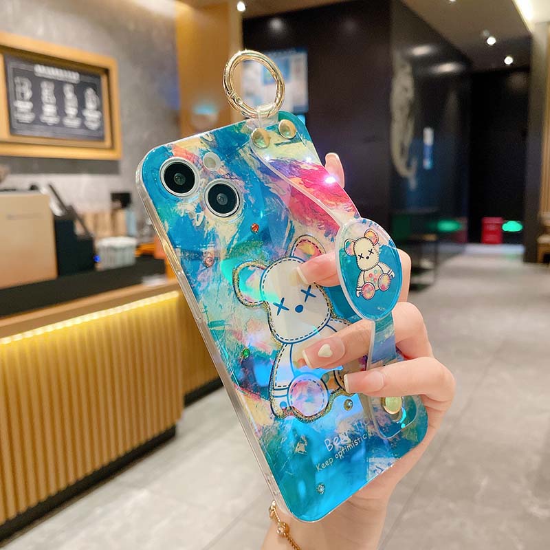 Phim hoạt hình Bling Vòng đeo cổ tay Gấu bạo lực Vỏ điện thoại cho Iphone14Promax  14Plus 13 13promax 12 Pro Max 11 7 8Plus XR XS MAX Vòng đeo tay Phụ kiện Bao mềm Coque