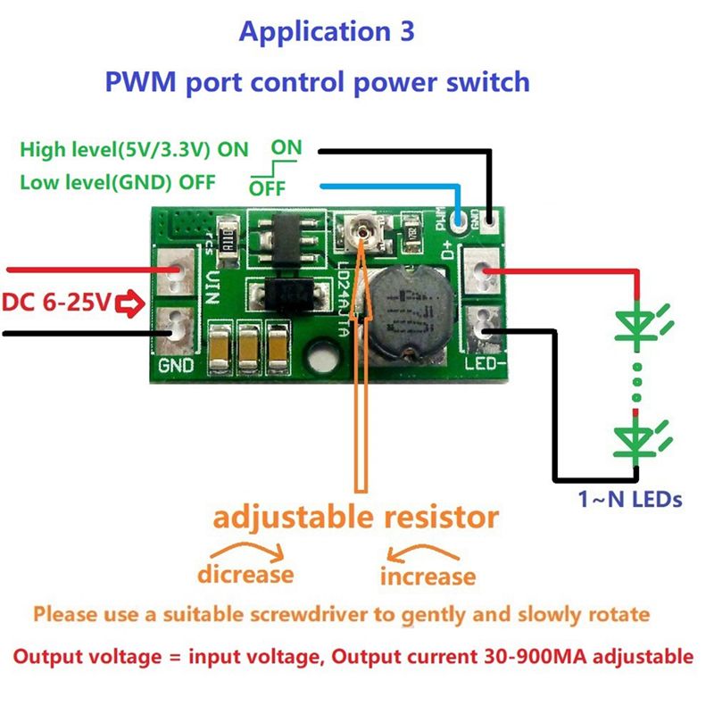 PWM Controlled DC-DC Step-Down 20W Adjustable LED Driver DC 9V 12V 18V 24V Constant Current Converter Module LD24AJTA.