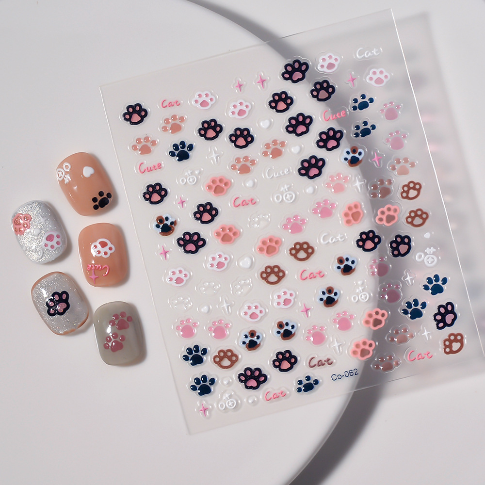 Sticker nail 5d lụa nổi | chân chó mèo đen hồng | hình dán móng tay co-062