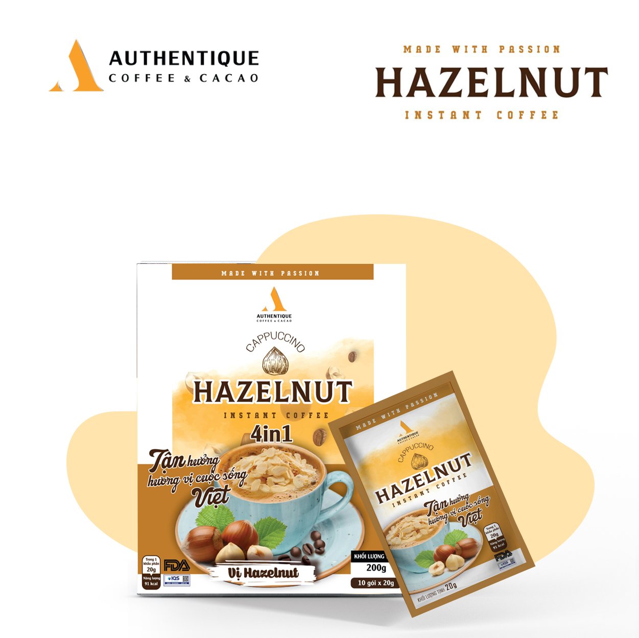 Cà phê hòa tan Authentique vị Hazelnut 4in1 (Hộp 10Gói x 20G) | Cappuccino Hazelnut Authentique Instant Coffee
