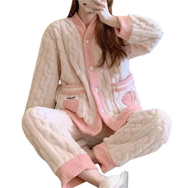 Thickened Warm And Comfortable Pajamas For Women'S Winter Long