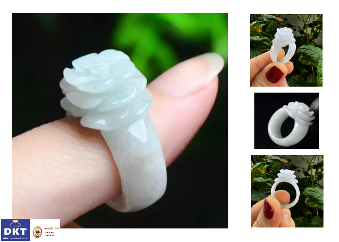 🍁 Nhẫn nữ cao cấp khắc hoa hồng may mắn ngọc cẩm thạch trắng tự nhiên đá A.