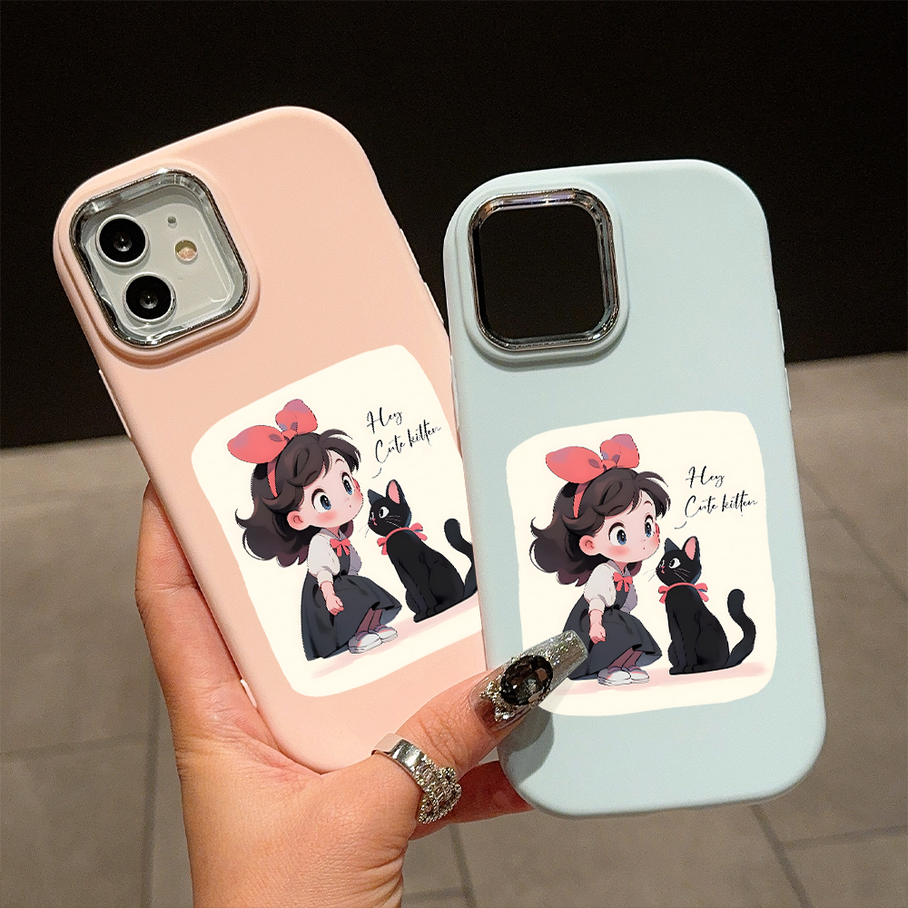 AMORVOR Case for Redmi Note 12 4G Cute Little Girl and Black Cat Back Cover Pattern Luxury Plating Metal Lens Soft Liquid Silicone Case. 