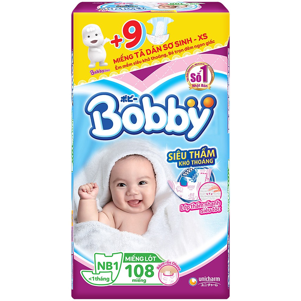 (CỘNG 9 MIẾNG) Miếng lót sơ sinh Bobby Newborn NB1 108 miếng (cho bé dưới 1 tháng <6kg)