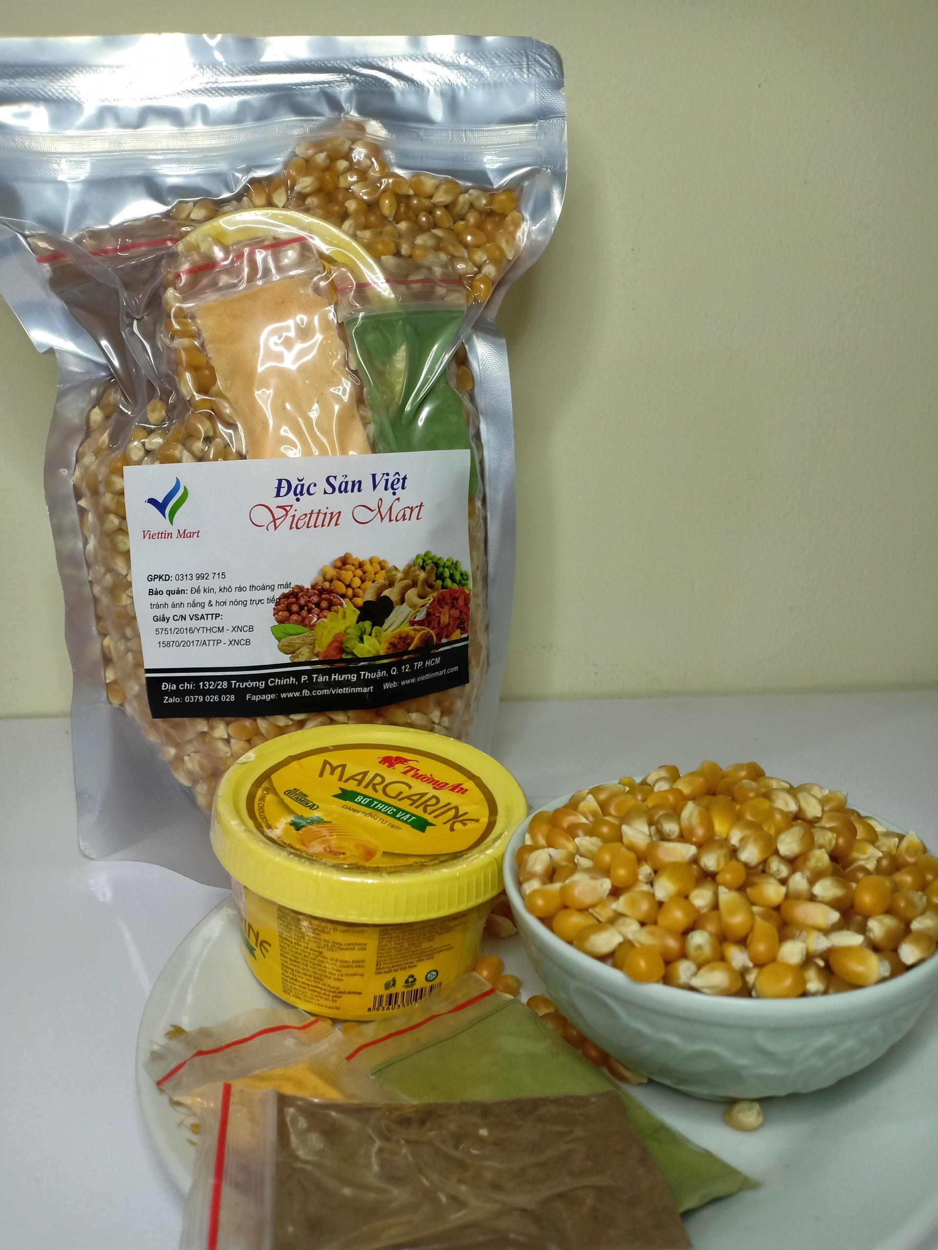 Combo 1kg bắp nổ + bơ + bột trà xanh/cacao/phomai
