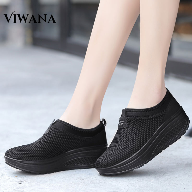 VIWANA Black Sneakers Shoes For Women Comfort Wedges Shoes Loafers For ...