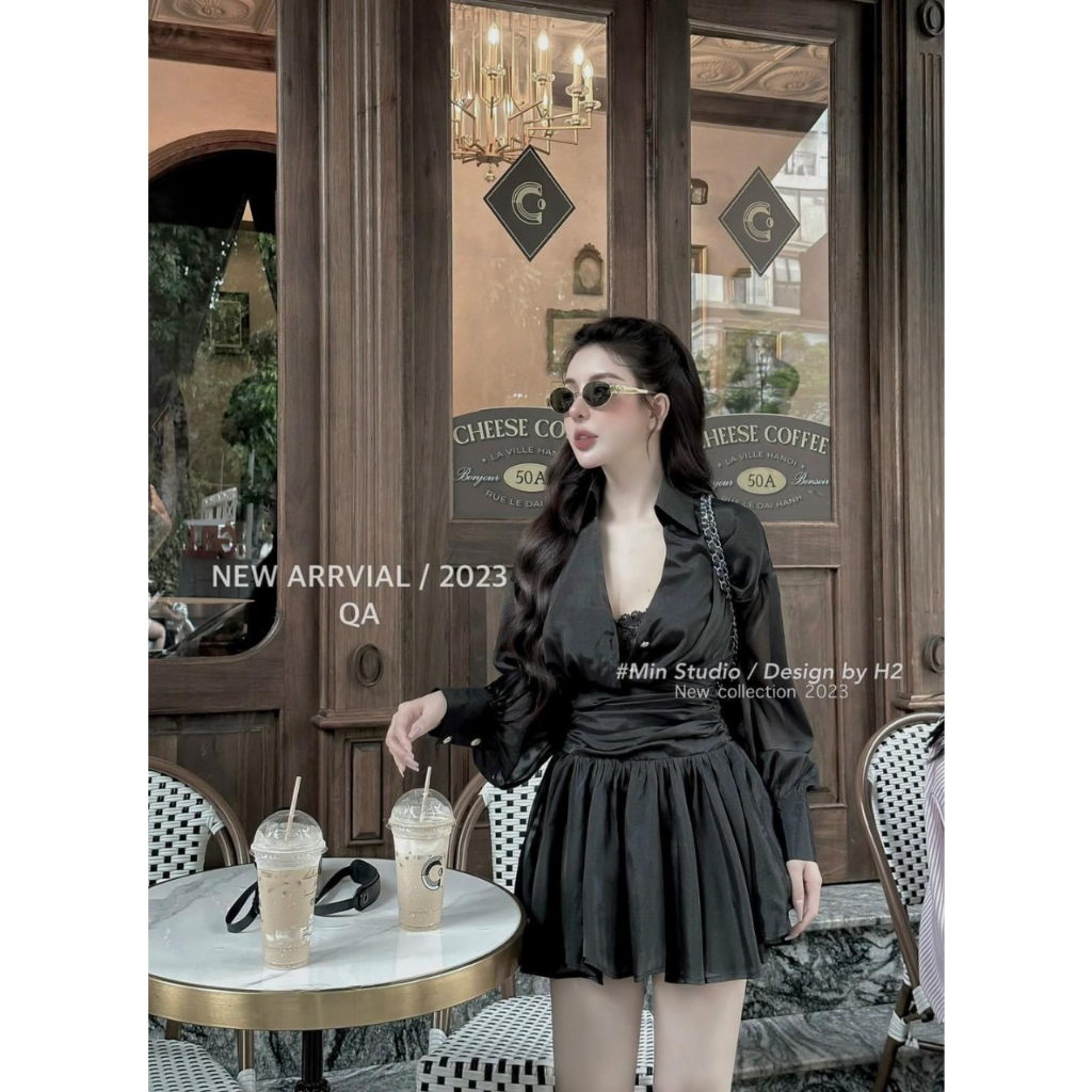 Set áo sơ mi lụa cổ bẻ mix chân váy siêu sang