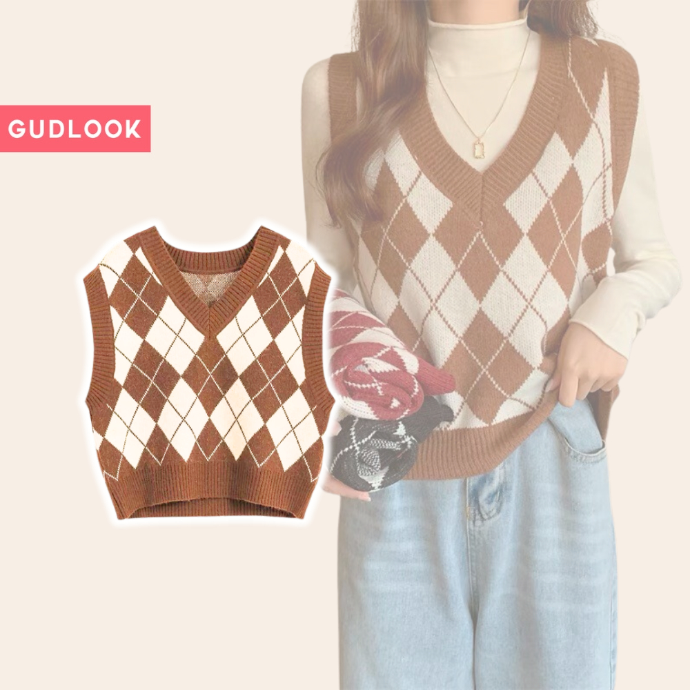 Áo gile len nữ gudlook hoạ tiết caro kim cương màu đen nâu đỏ