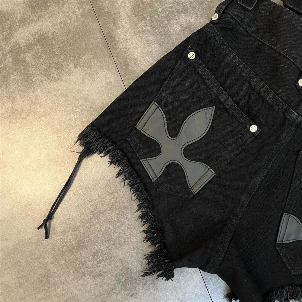 Sweet Cool Dark Gothic Hip Hop Streetwear Female Black Personality Summer Bandage Tassel Trend Jeans Raw Fringe Denim Shorts. 