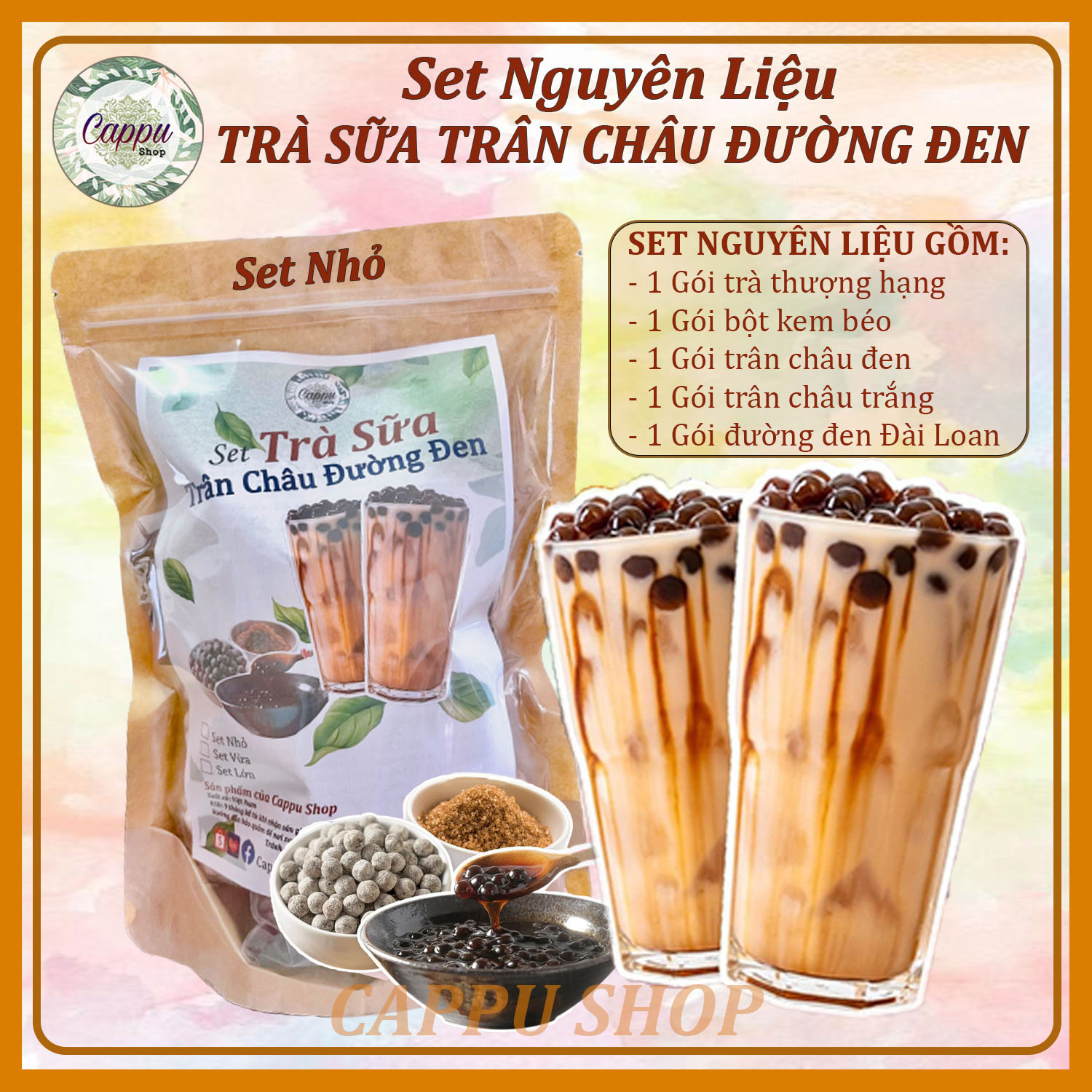 [FREESHIP] Set Trà Sữa Trân Châu Đường Đen (Set Lớn 4-4,5 lít # 25-30 ly) (Cappu Shop)