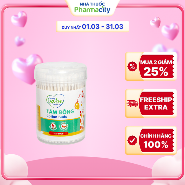 Tăm bông thân giấy cho bé Pharmacity (200 cây/hộp)
