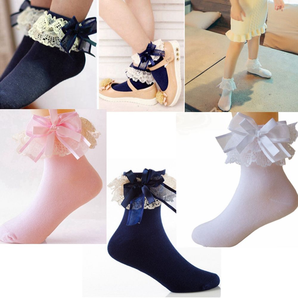 Fashion Ankle Baby Girls Short Cotton Big Bow Lace Frilly Ruffle Princess Socks