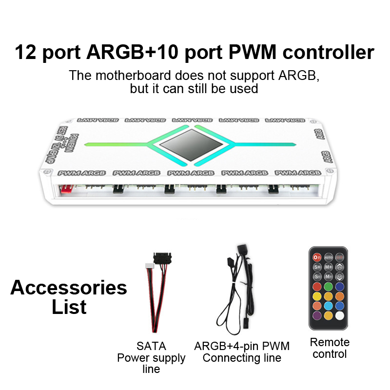 12-port ARGB&10-port PWM Controller Computer Fan Temperature Control Radiator Hub 5V 3-pin Controller Collection Game Chassis Cologo. 