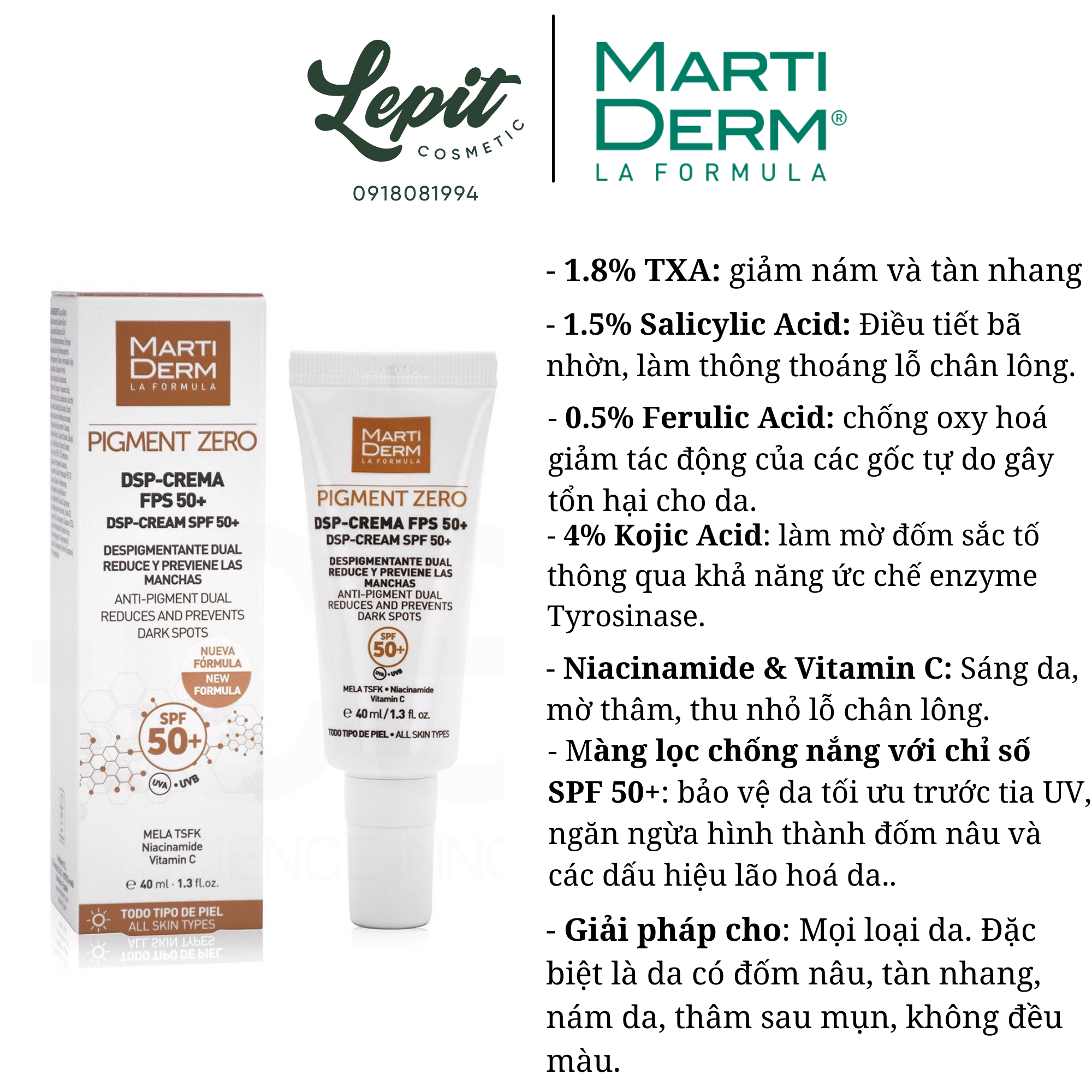 [Lepit Cosmetic] Kem Điều Chỉnh Sắc Tố Và Bổ Trợ Chống Nắng MartiDerm Pigment Zero DSP SPF50+ Cream