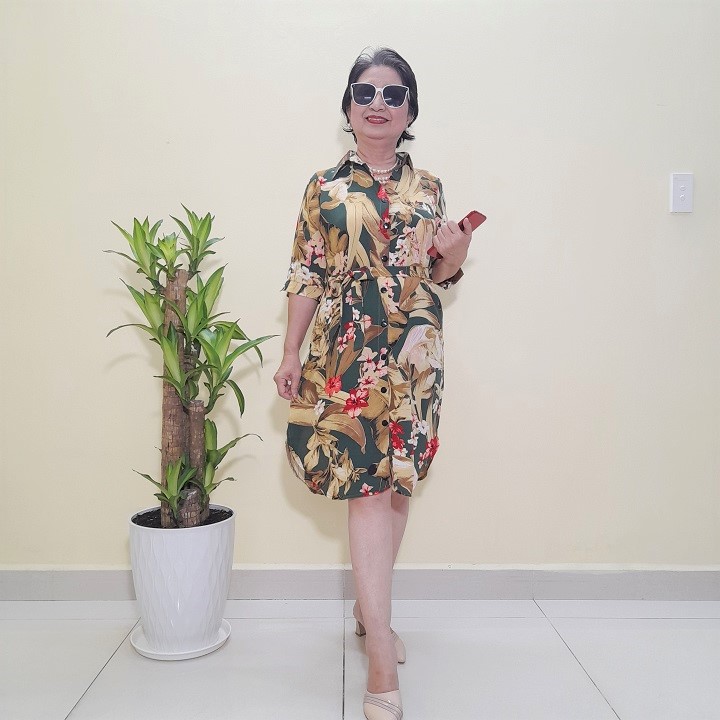 Đầm Trung Niên - Kiểu Sơ Mi  - Vải Lụa Đũi - Size 48KG - 75KG