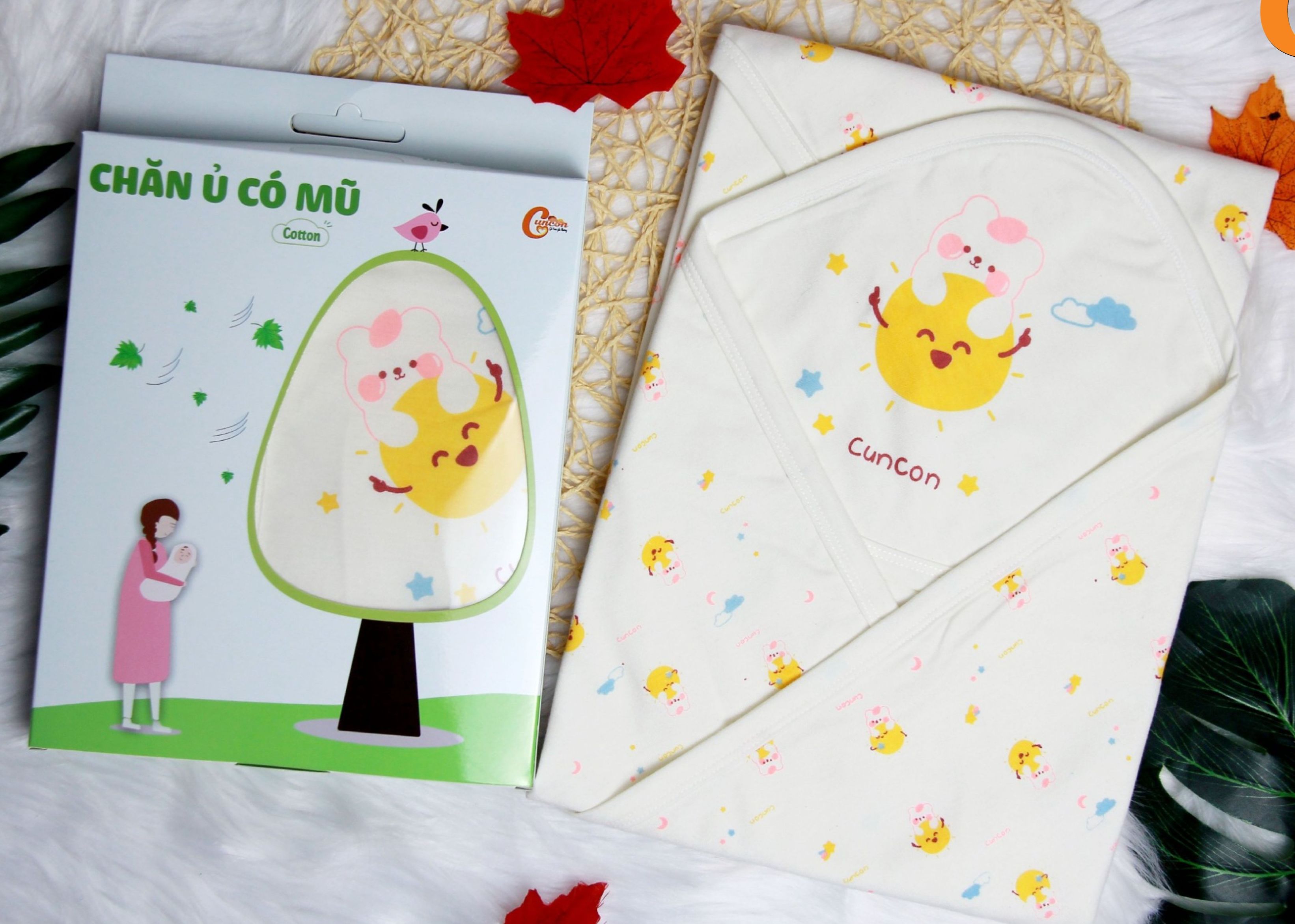 (KT 75x78cm) KHĂN Ủ CHOÀNG SƠ SINH CÓ NÓN CHO BÉ - HIỆU CÚN CON