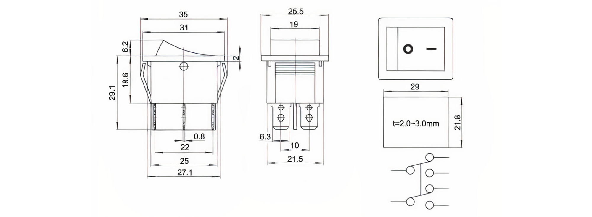 Công tắc 6 chân 2 vị trí KCD4 màu đỏ
