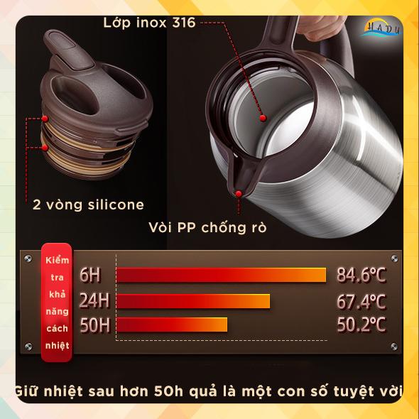 Phích Giữ Nhiệt 50 Tiếng Inox 316 SSGP 2 Lít, Bình Trà, Cafe Giữ Nóng Lạnh, Vòi Chống Bắn Nước, Tay Cầm Tiện Lợi, An Toàn Cho Gia Đình, Văn Phòng