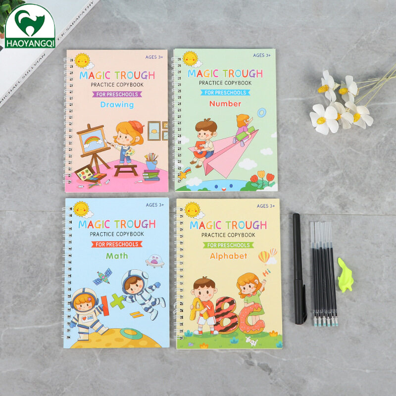 FS 4 sets English Character Practice Sticker Children's Word Practice Post Fun Math Calculation Introduction to Drawing Pen Control Training Book