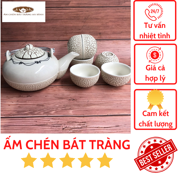 Bộ ấm chén gốm sứ Bát Tràng men Rạn Trắng Tròn