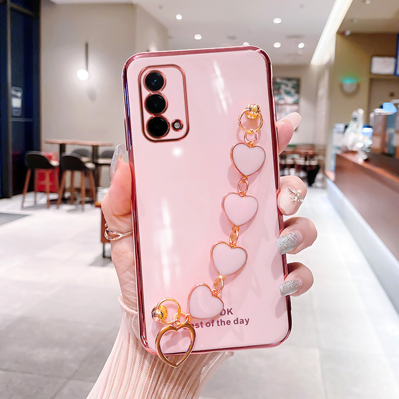 For OPPO A95 / OPPO F19 Back Cover with 3D Love Heart Wristband Chain Fashion Bracelet Shiny Plating Phone Case Soft Silicone Bumper Protective Cover. 