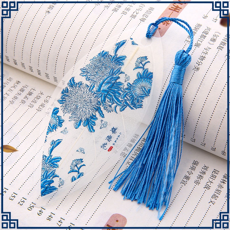 Mixed-Pattern Leaf Shape Chinese Style Bookmark with Tassel Retro DIY Bookmark