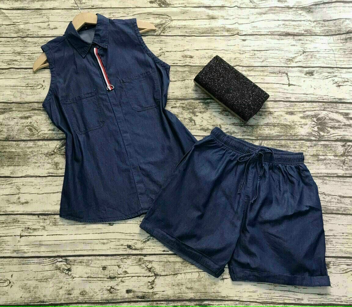 set quần short áo sát nách denim
