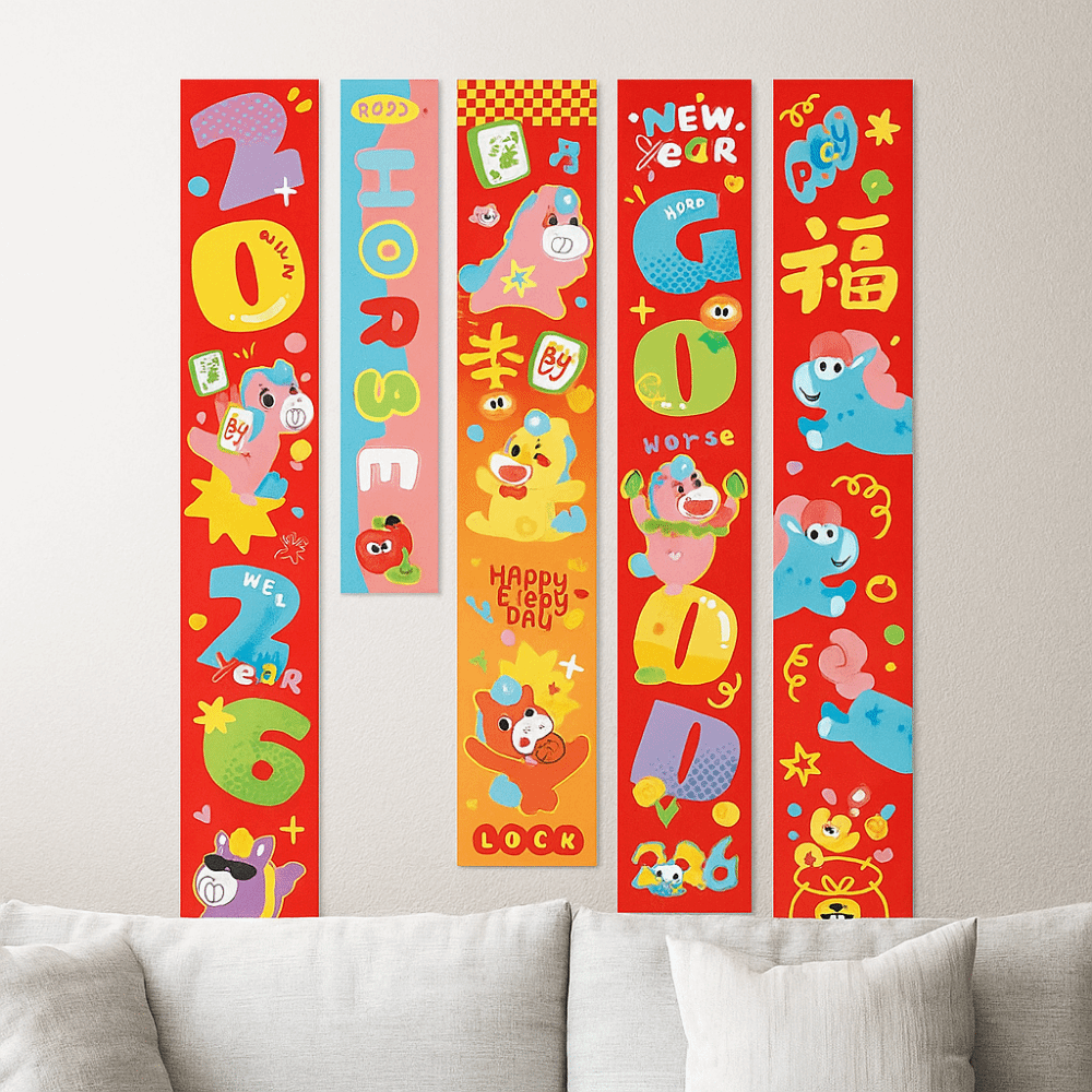 5Pcs/Set Creative Chinese Style 2026 New Year Hanging Cloth Traditional Decorative Chinese New Year Banner Blessing Words Year of Horse Flags Shopping Mall. 