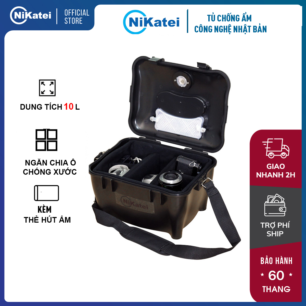 Hộp chống ẩm máy ảnh 10 Lít nhập khẩu NIKATEI DRYBOX, hộp hút ẩm máy ảnh chia ngăn chống xước , xách tay hoặc đeo vai tiện dụng mang đi du lịch, kèm vỉ hạt hút ẩm tái sử dụng