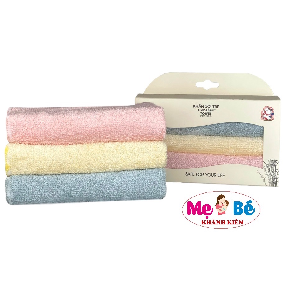 Set 3 khăn sợi tre Unobaby 25x25cm (xanh, hồng, vàng)