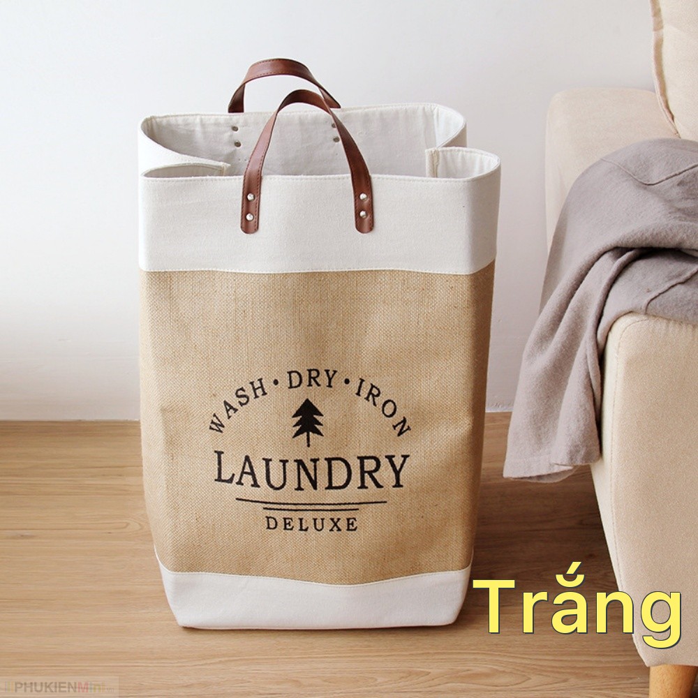 Túi sọt vải canvas đựng quần áo phong cách Châu Âu, túi vải bố đựng đồ chơi đa năng, giỏ canvas laundry đựng đồ giặt có quai xách sang trọng