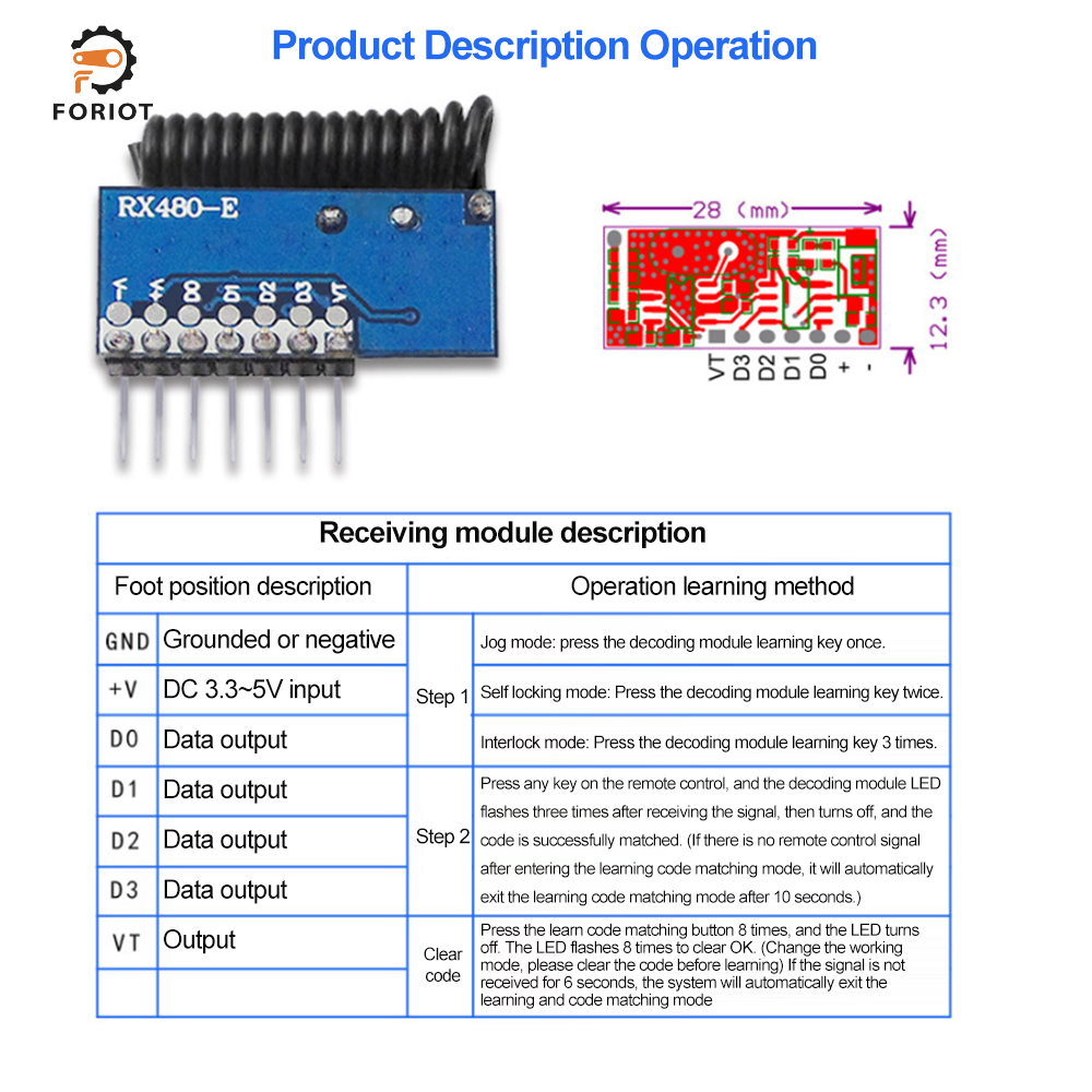 Foriot không dây 433MHz mô-đun RF Máy thu và máy phát Đầu thu điều khiển từ xa mô-đun