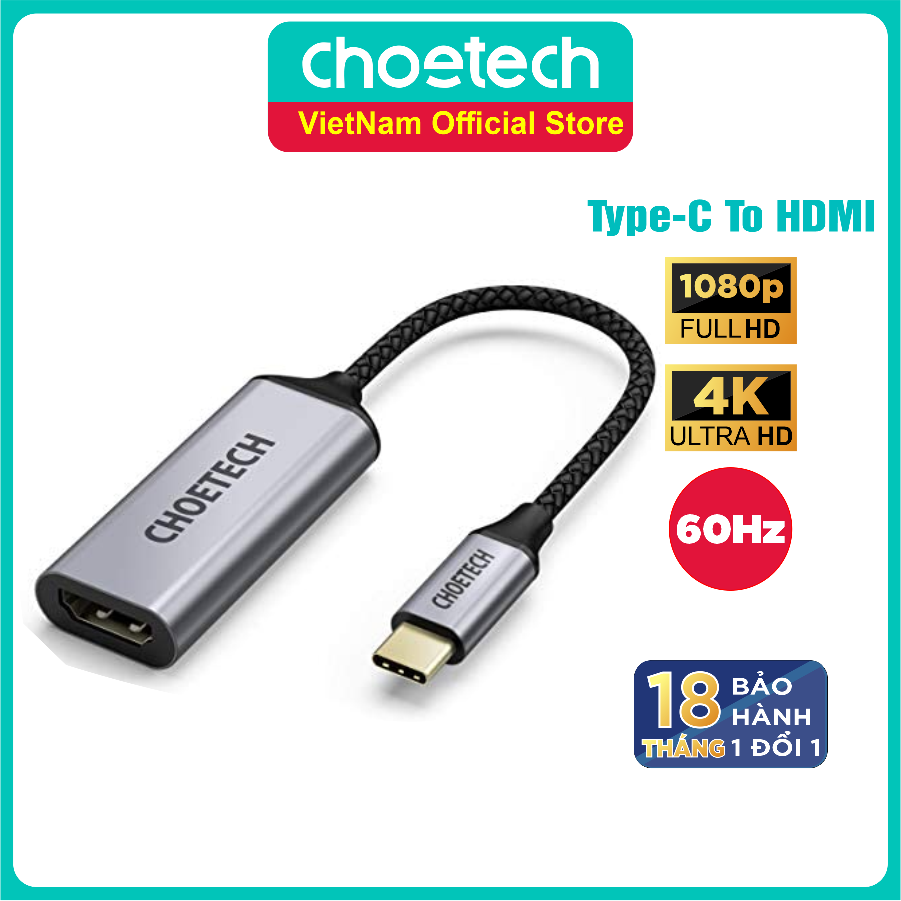 Hub Chuyển Đổi USB Type C to HDMI CHOETECH HUB-H10 Độ Phân Giải 4K 60Hz, 1080P Cho Tivi Laptop Playstaysion PC - Hàng Chính Hãng thumbnail